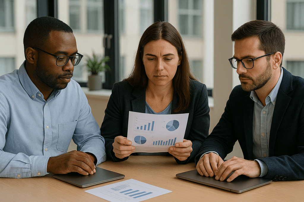 Behavioral health IT professionals reviewing 2026 budget strategy with secure laptops and data charts.