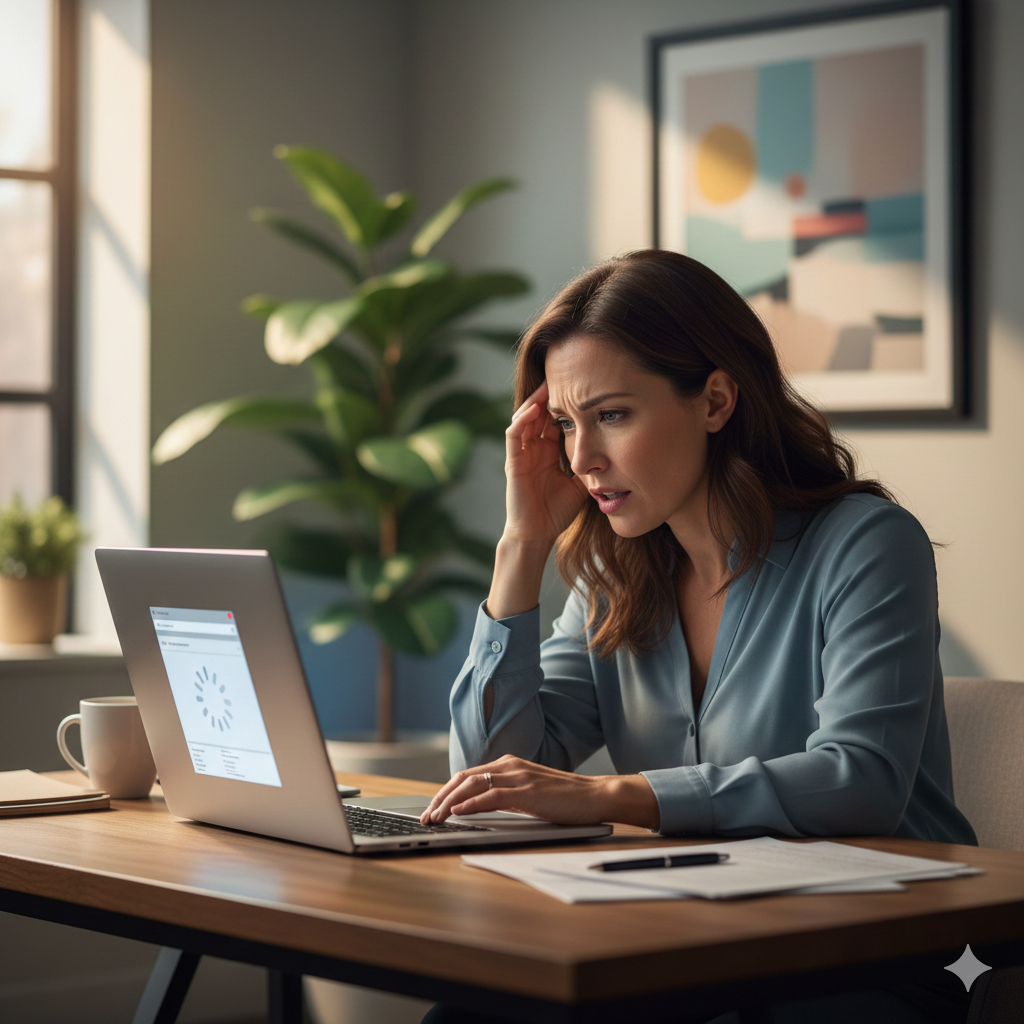 A behavioral health professional showing signs of stress while working on a slow computer system.